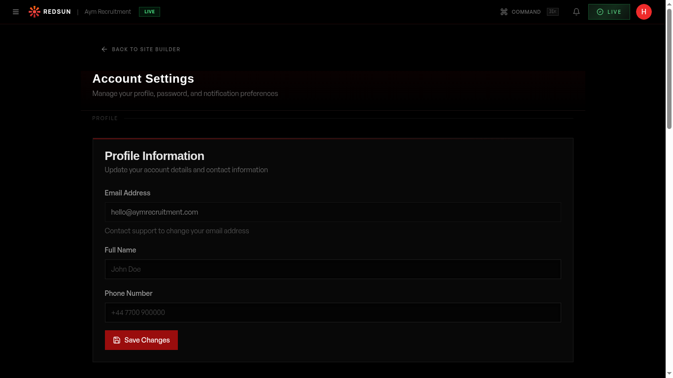 Account Settings page showing Profile Information with email, name, and phone fields