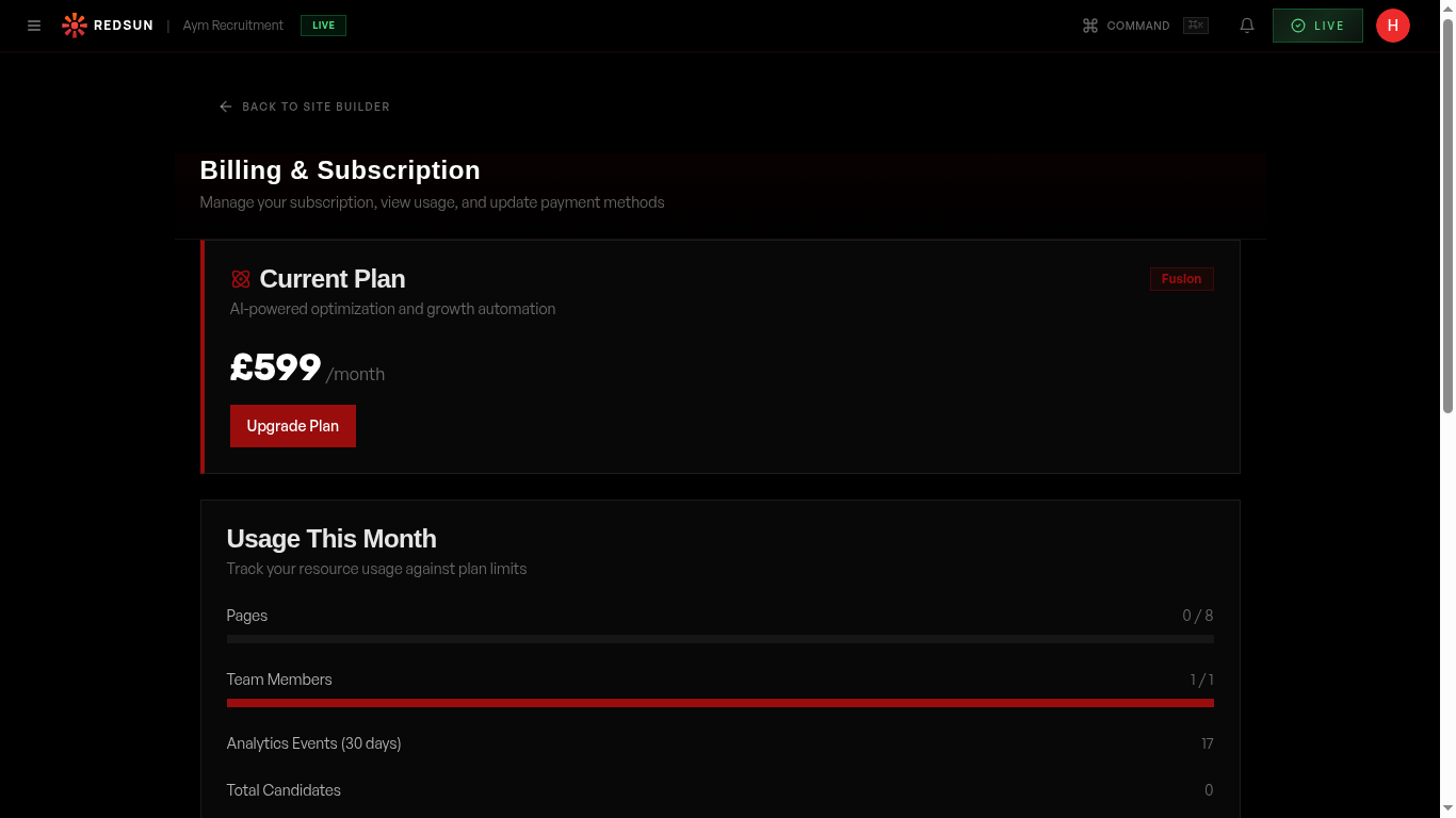 Billing page showing plan selection and subscription management