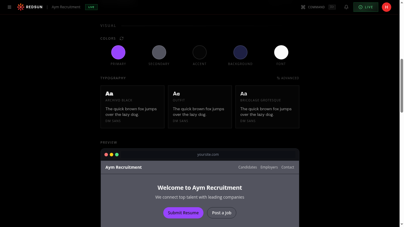 Typography section showing font pairing cards with heading and body samples