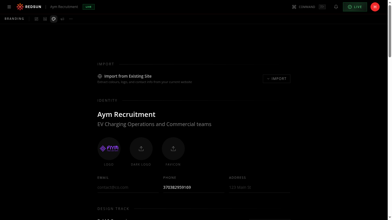 Setup form with company name, tagline, and sector selection fields