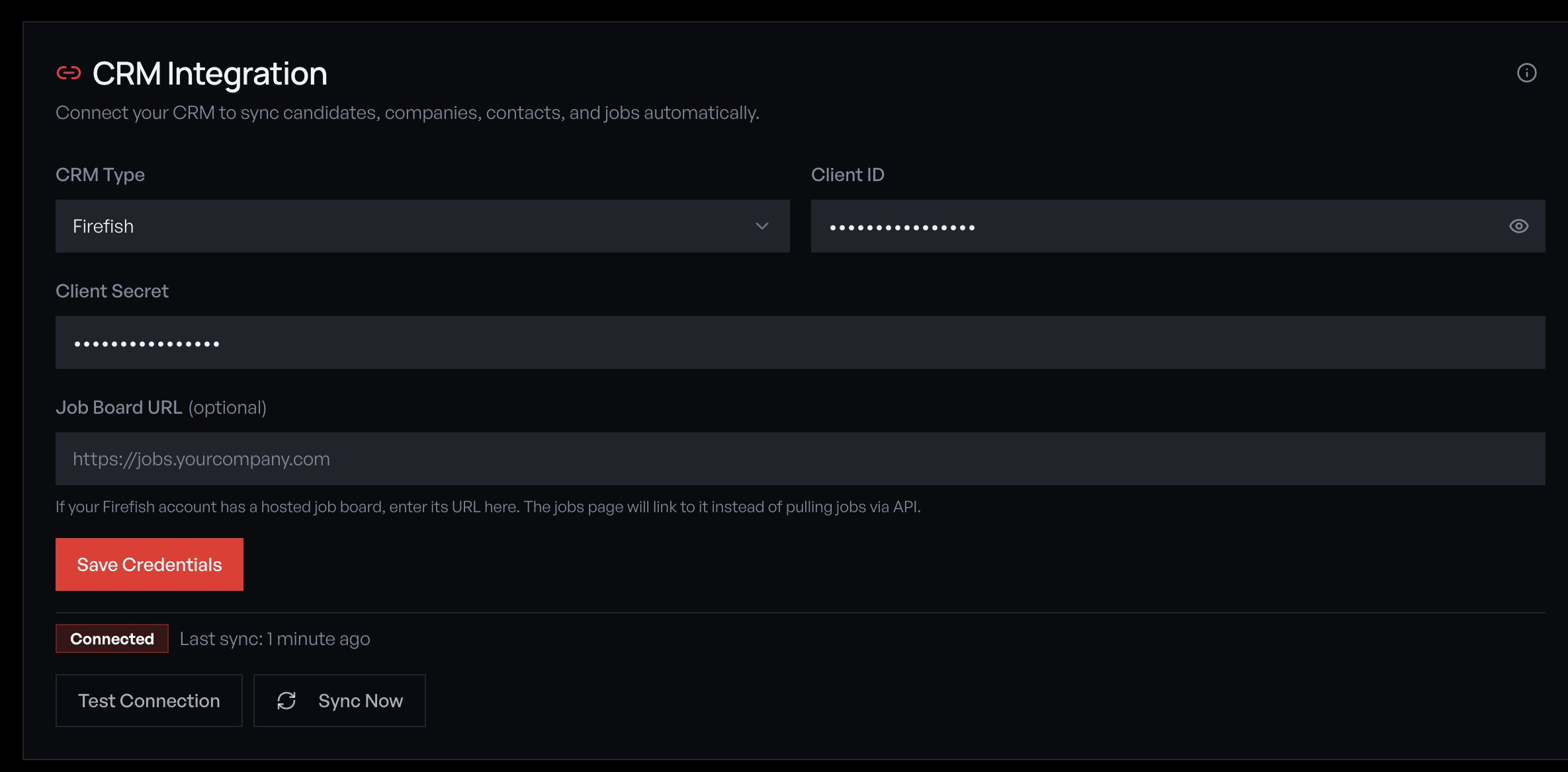 CRM Integration panel showing Connected status badge with credentials saved