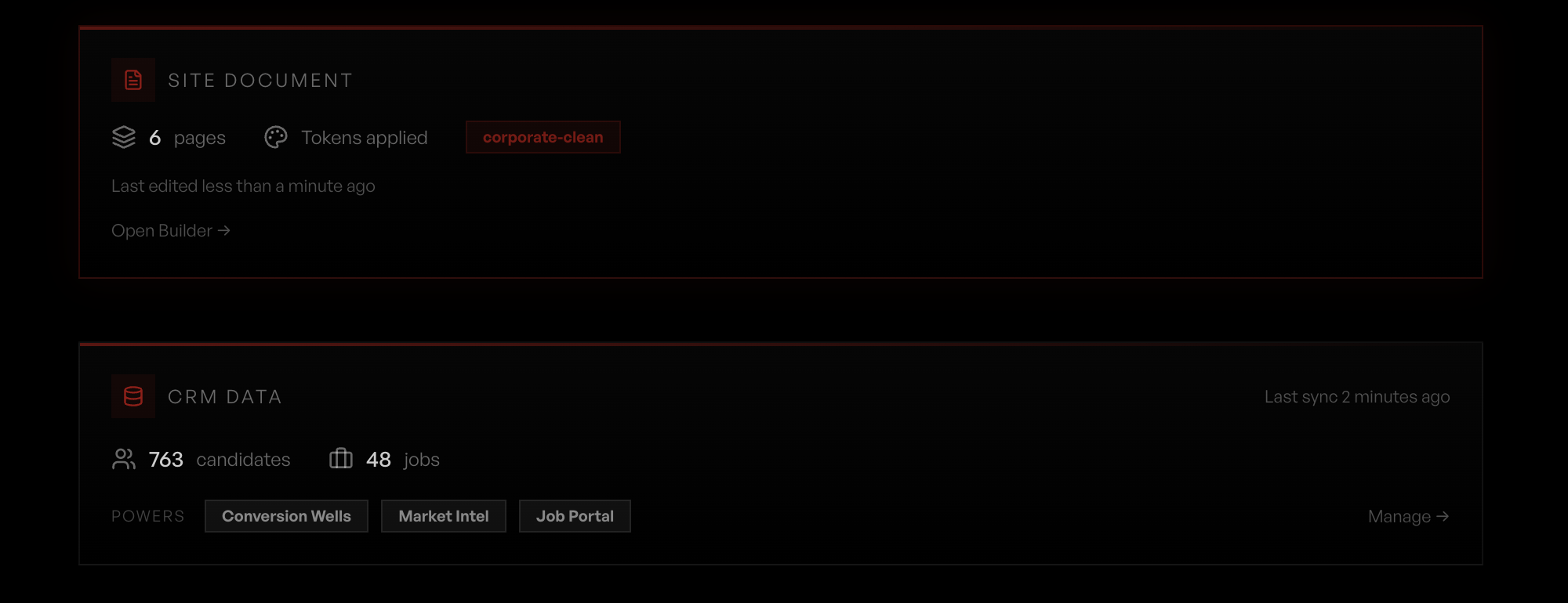 Dashboard CRM Data card showing 763 candidates, 48 jobs, last sync time, and powered features