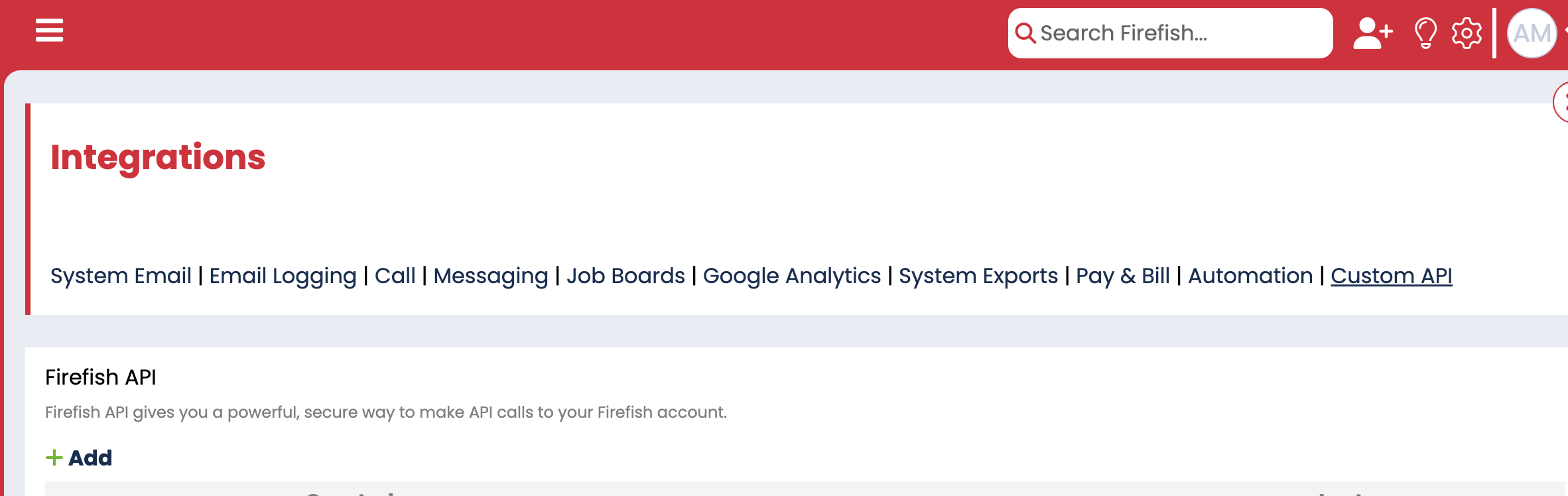 Firefish Integrations page showing Custom API section with option to add new API credentials