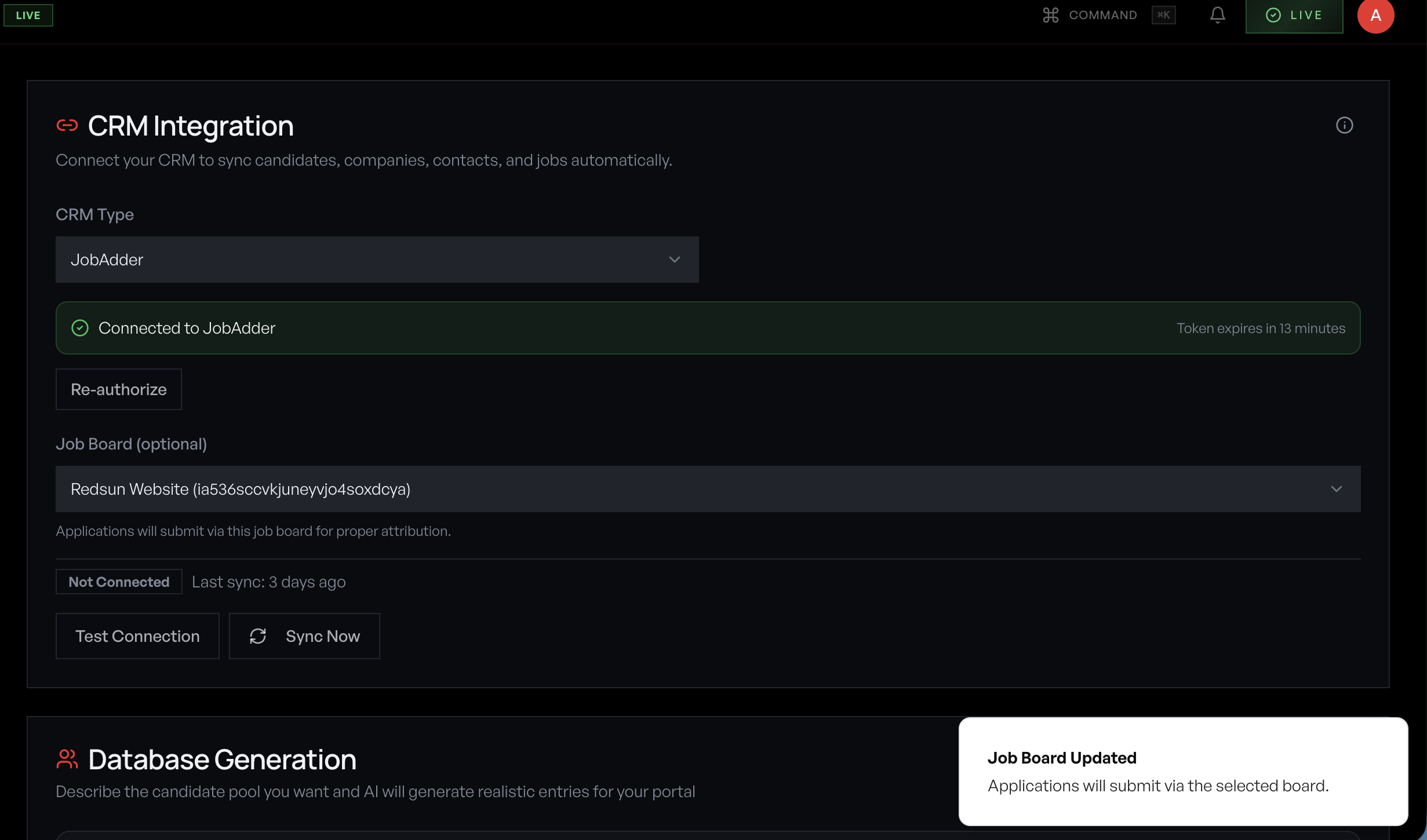 Connected to JobAdder banner with token expiry, Job Board dropdown, and Re-authorize button