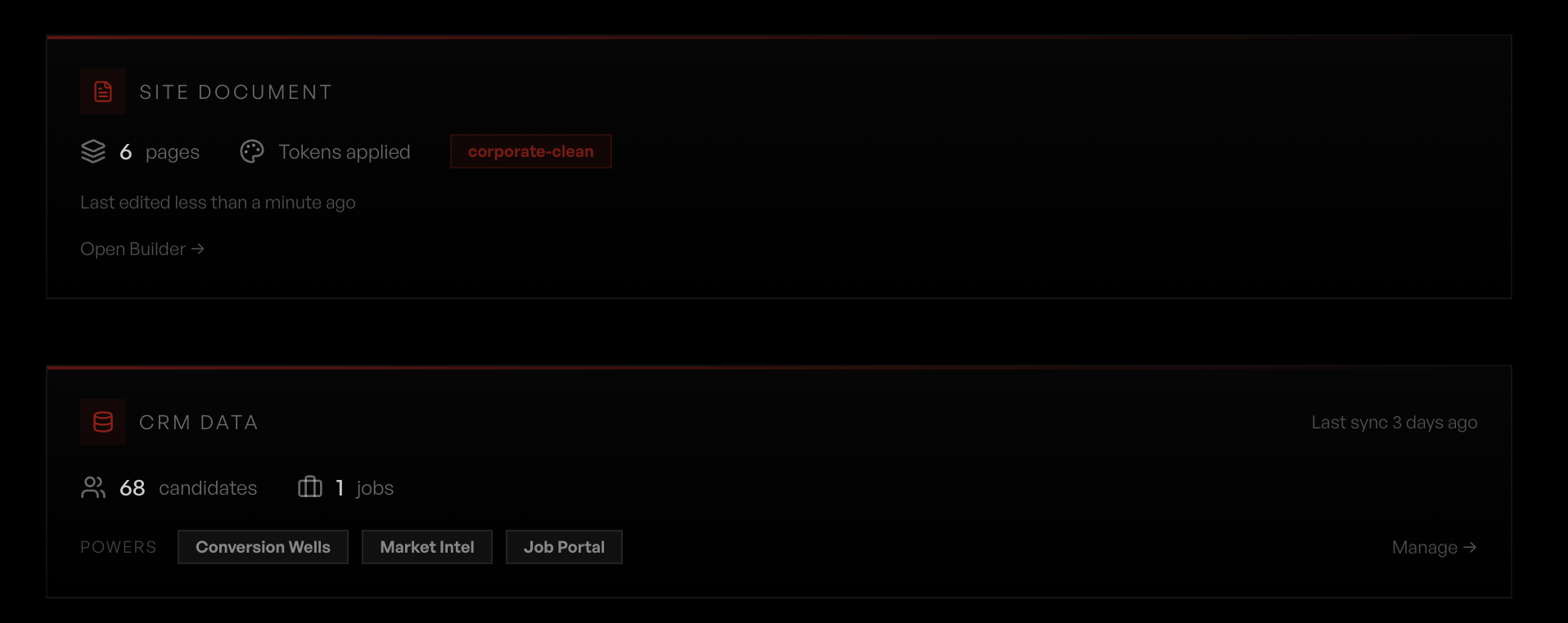 Dashboard showing Site Document card and CRM Data card with 68 candidates, 1 job, and powered features