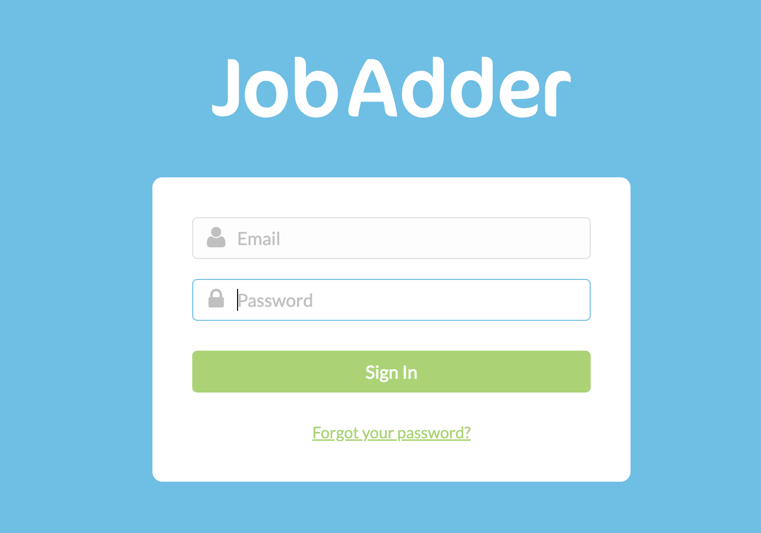 JobAdder login page with email and password fields for OAuth authorisation