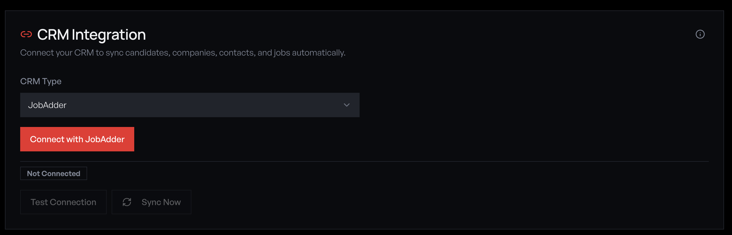 Connections page showing CRM Integration panel with JobAdder selected and Connect with JobAdder button