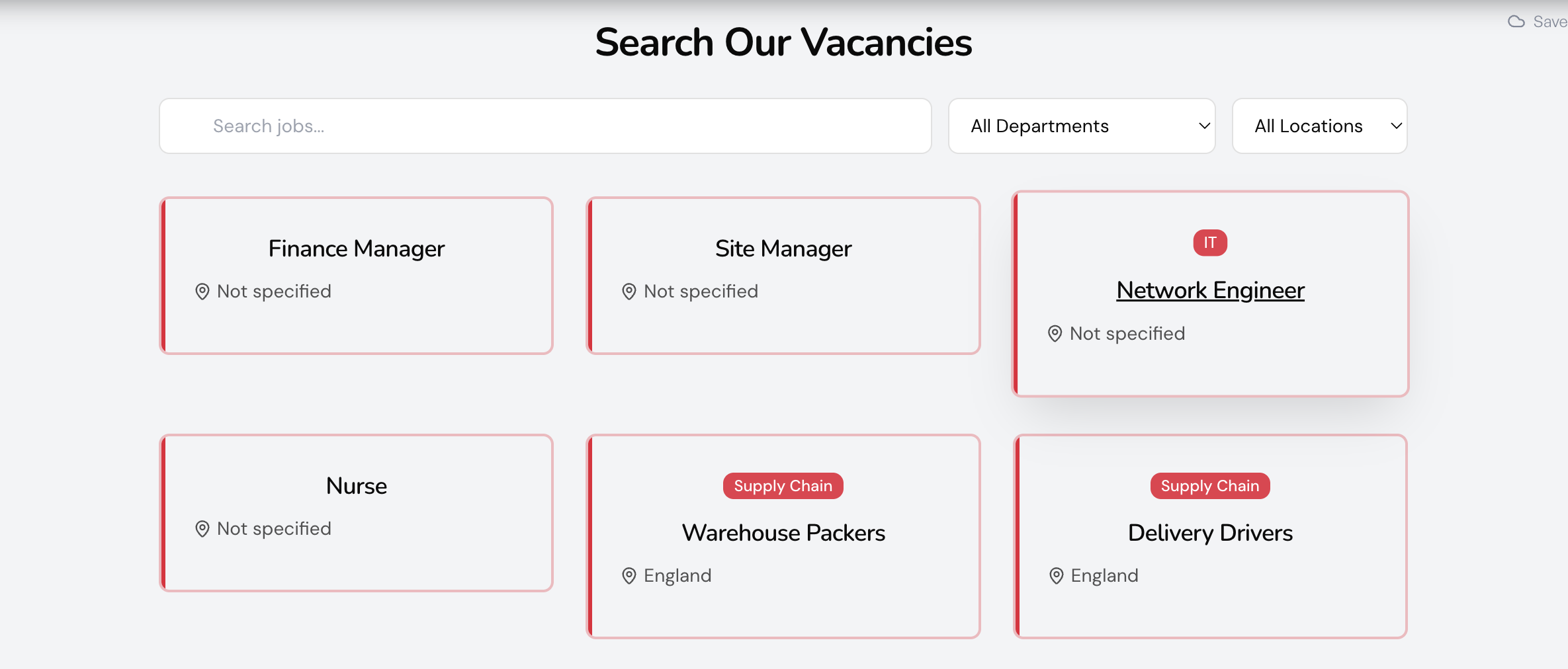 Job portal showing vacancies synced from Firefish with search, department, and location filters