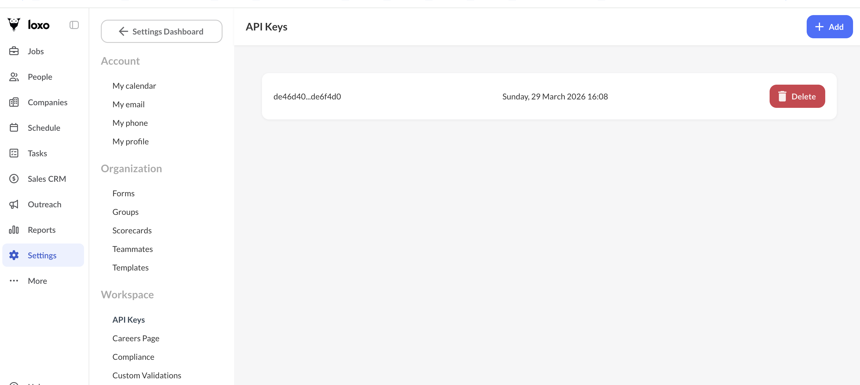 Loxo Settings page showing Workspace API Keys section with existing key and Add button