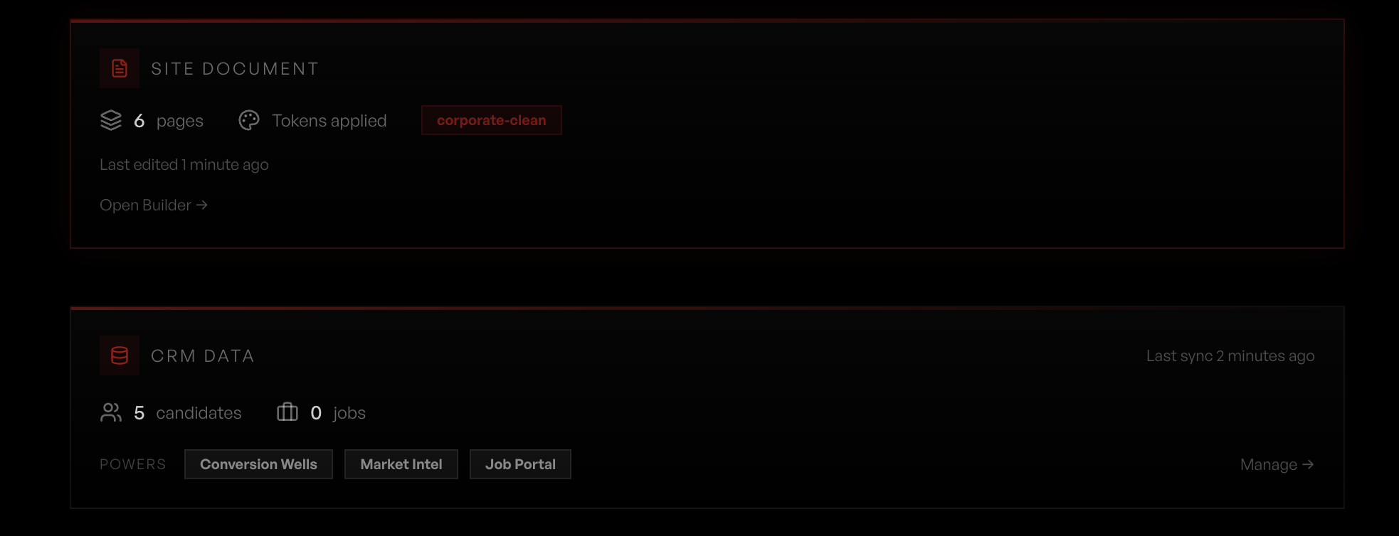 Dashboard showing Site Document card and CRM Data card with 5 candidates, 0 jobs, and powered features