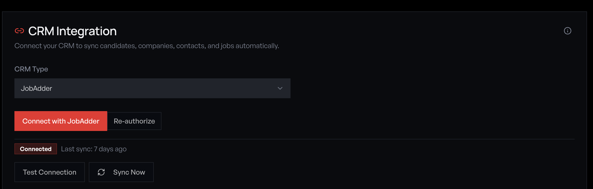 Connections page showing CRM Integration panel with CRM Type dropdown, Connected status, and sync controls