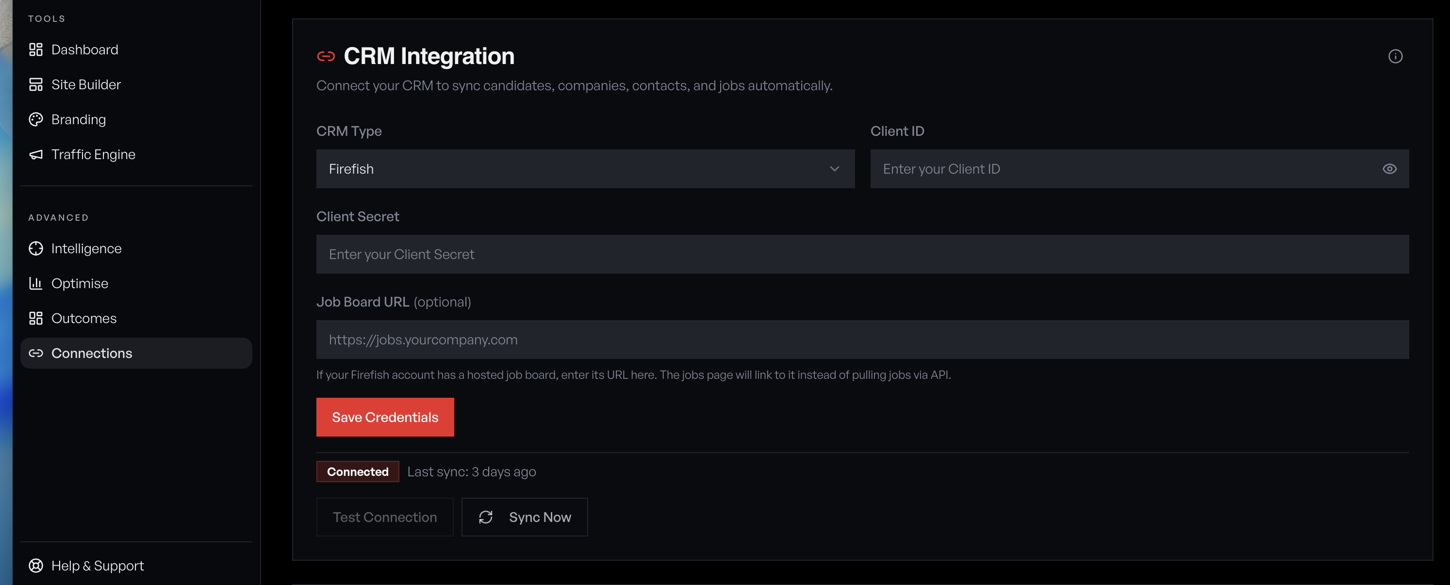 Connections page showing CRM Integration panel with Firefish selected, Client ID, Client Secret, and Job Board URL fields