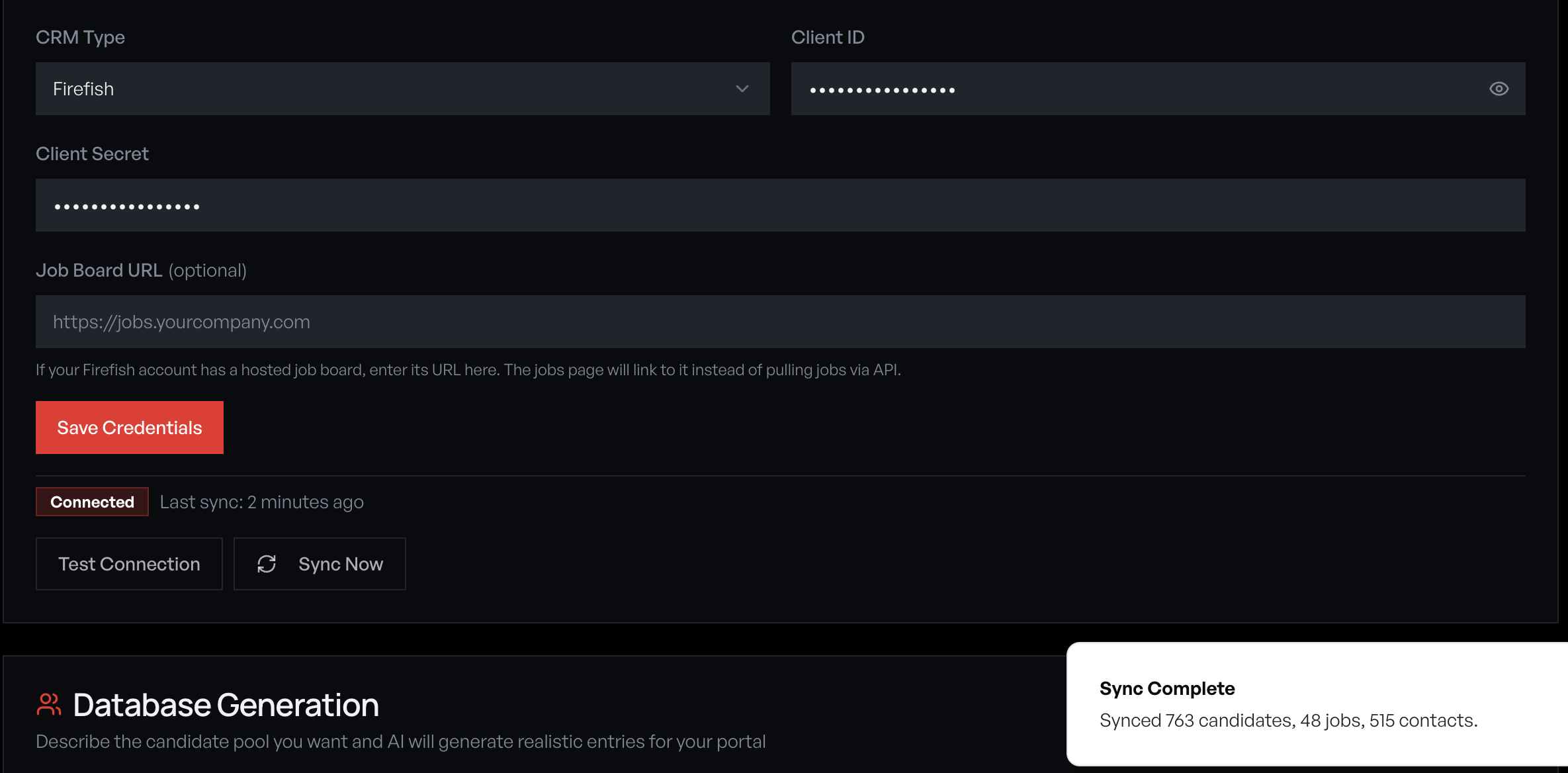 Sync Complete toast showing 763 candidates, 48 jobs, and 515 contacts synced from Firefish
