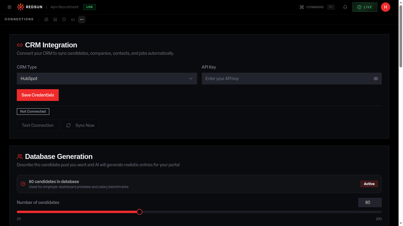 CRM sync configuration for job data source showing active and featured filters