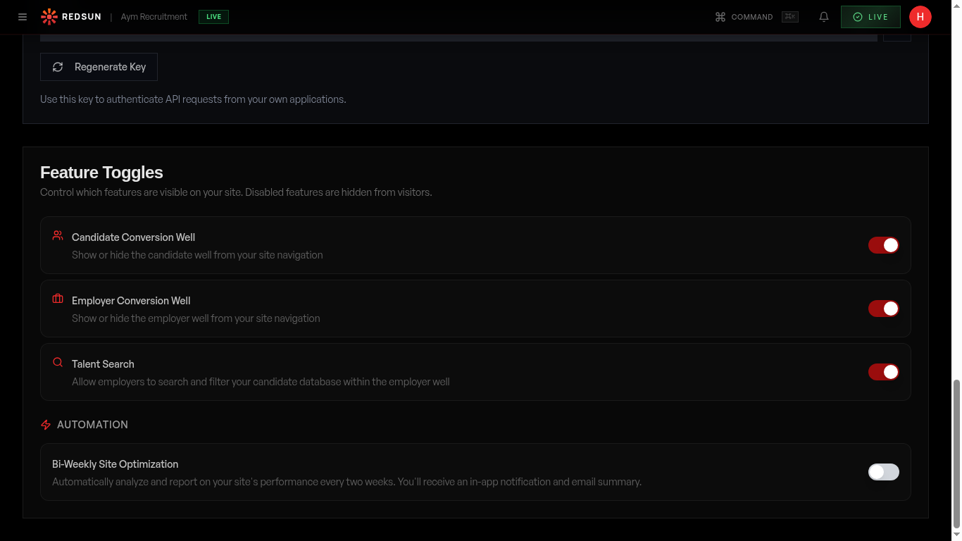 Connections page showing Feature Toggles panel with toggle switches