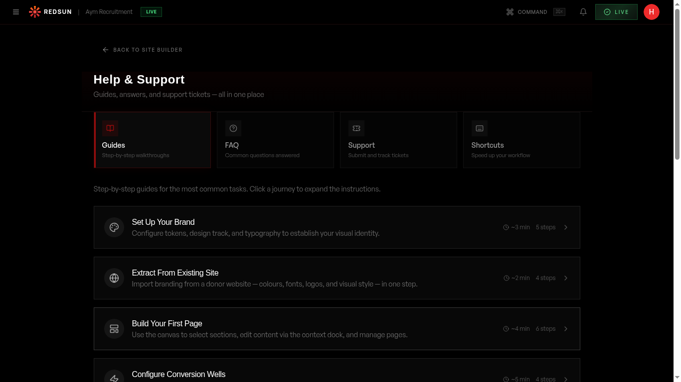 Help & Support page showing Guides, FAQ, Support, and Shortcuts cards with guided journeys