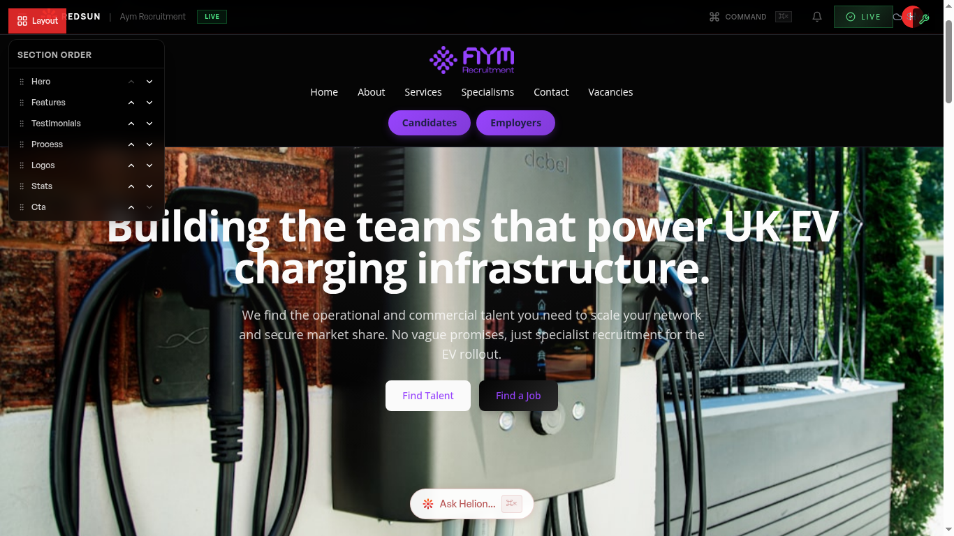 Layout panel showing section order with drag handles