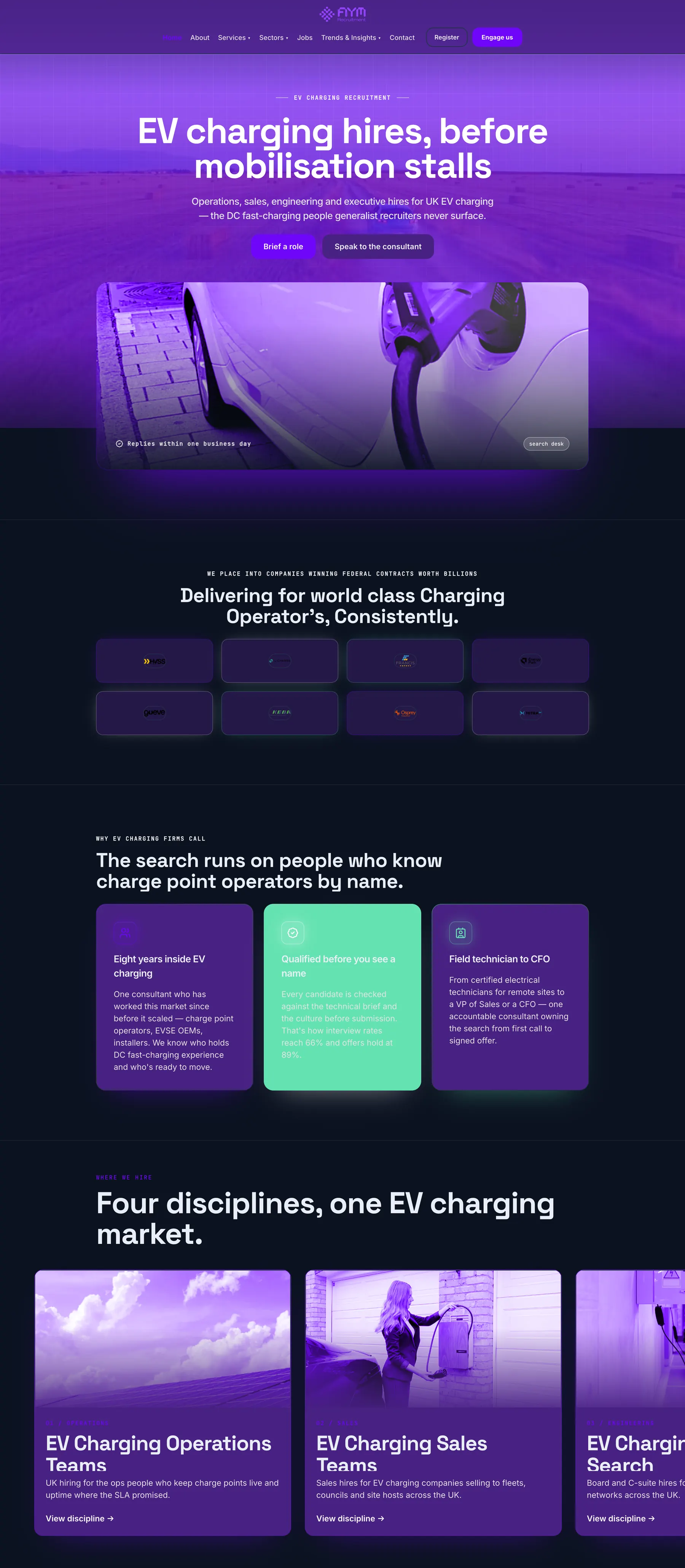 The Aym Recruitment homepage built on Redsun, from the headline 'EV charging hires, before mobilisation stalls' down through their client logos and hiring disciplines